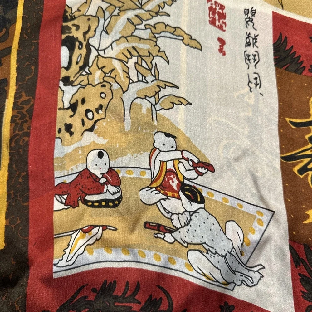 Jin Xiu Lang Japanese Folk Scenes Scarf 100% Silk Asian 65x20